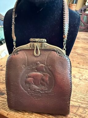Vintage Brown Leather Embossed Ship Shoulder Bag